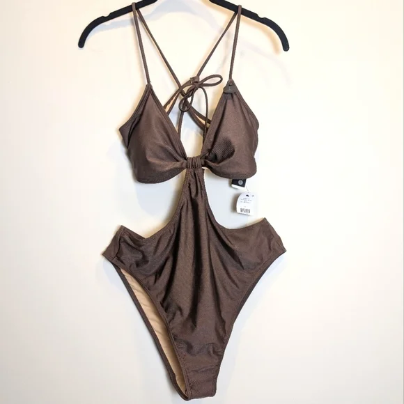 Cotton On Brown Cutout Knot Front Monokini Swimsuit Bathingsuit Size Large - Picture 2 of 8